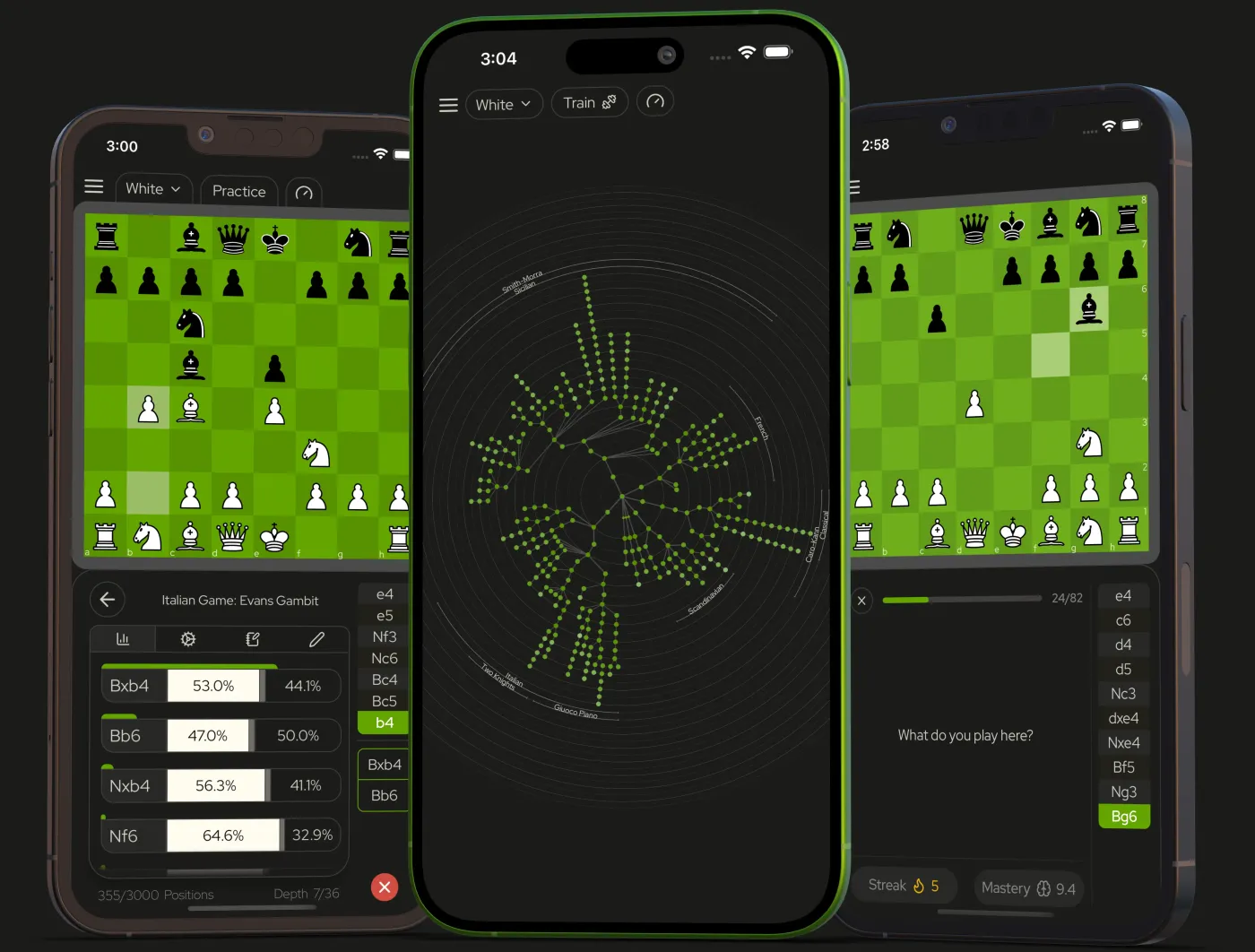 Theoria on three phones: a position with its move statistics, the repertoire graph, and a training session asking which move you play